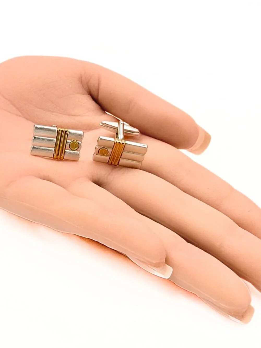 Dunhill Signed Paris Rectangular Two Tone Brushed Ribbed Tuxedo Cufflinks